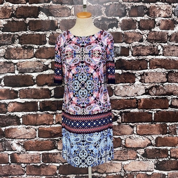 Eliza J Dress Blue Red Paisley Floral Print Knee Length Stretchy 6 - Picture 2 of 10